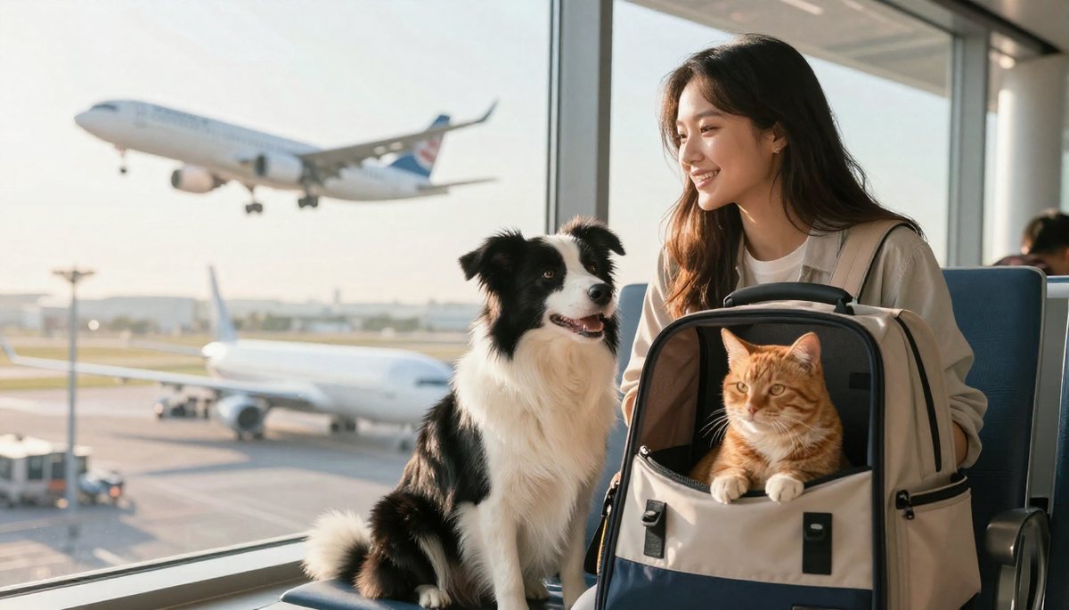 A border collie and a ginger cat ready to fly at a sunny airport